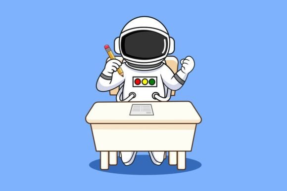 Cute Astronaut Student Studying at Desk Graphics