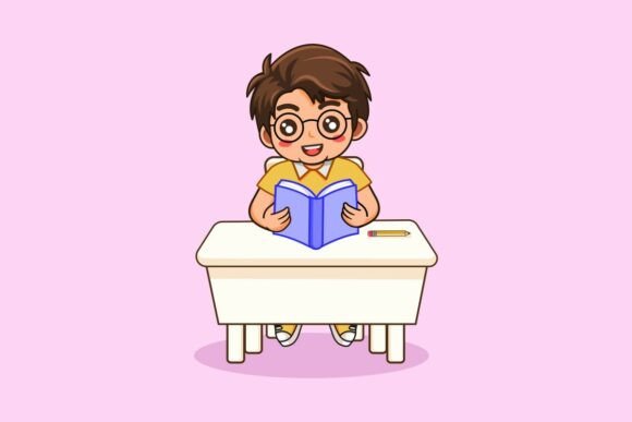 Cute Boy Sitting at Desk Reading Book Graphics