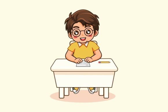 Cute Boy Student Sitting at Desk Studying Graphics