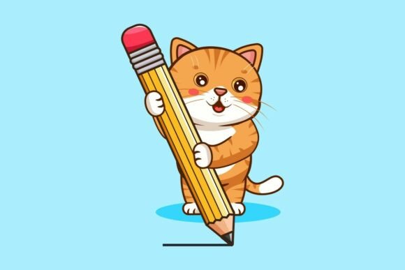 Cute Cat Drawing with a Big Pencil Graphics