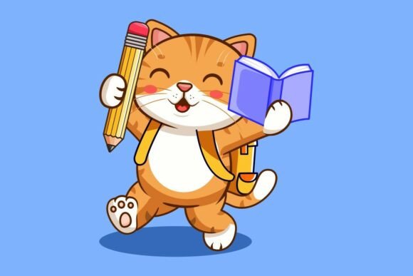 Cute Cat Happy Back to School Graphics and Illustrations