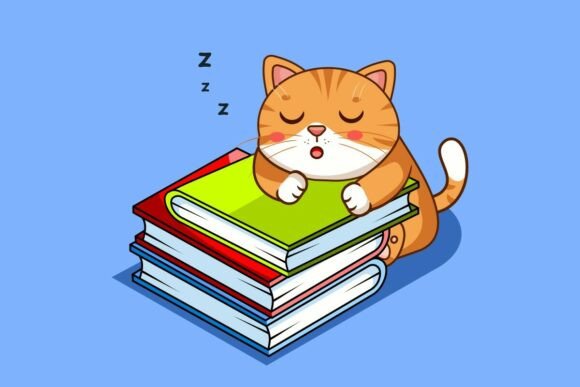 Cute Cat Sleeping on Stack of Books Graphics