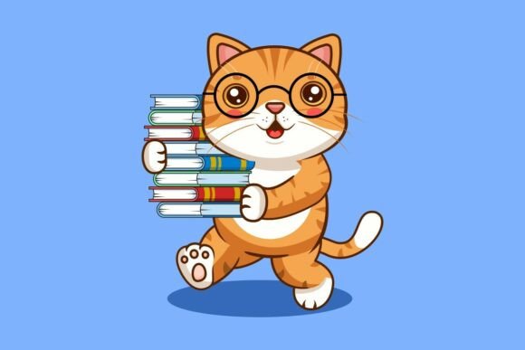 Cute Cat Wearing Glasses Carrying Books Graphics