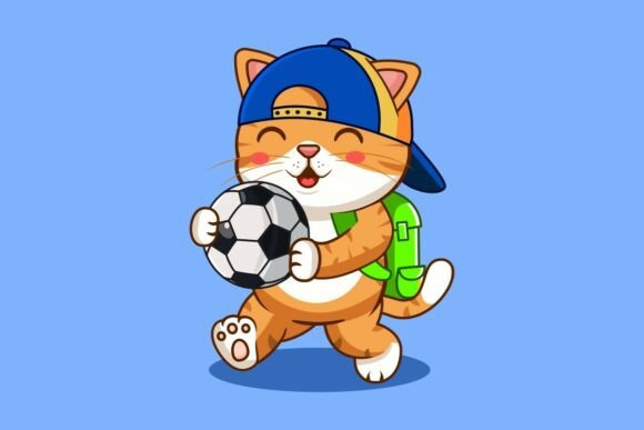 Cute Cat with Backpack and Soccer Ball Graphics