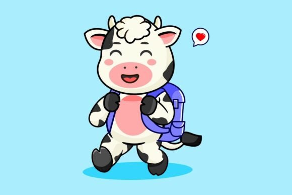 Cute Cow Calf Student with Backpack Graphics