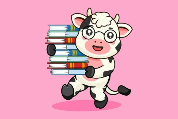 Cute Cow Carrying a Stack of Books Graphics