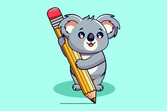 Cute Koala Holding Drawing with Pencil Graphics