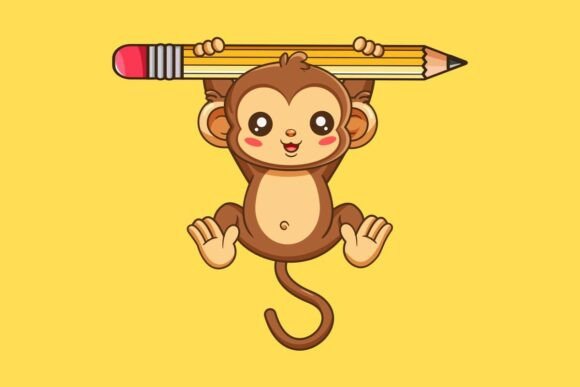 Cute Monkey Hanging from Pencil Graphics