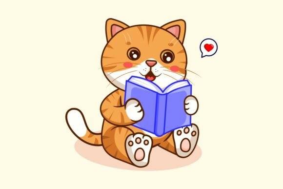Cute Orange Tabby Cat Reading a Book Graphics