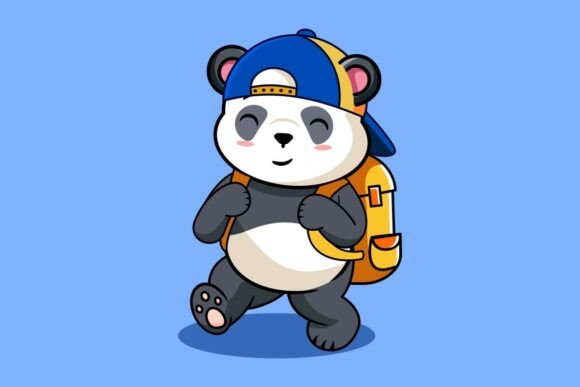 Cute Panda Student Walking with Backpack