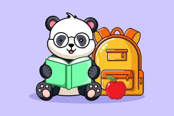 Cute Panda Wearing Glasses Reading Book: Graphics & Illustrations