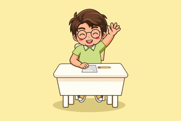 Happy Boy Raising Hand in Classroom