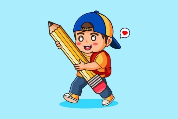 Happy Boy Student Carrying Big Pencil
