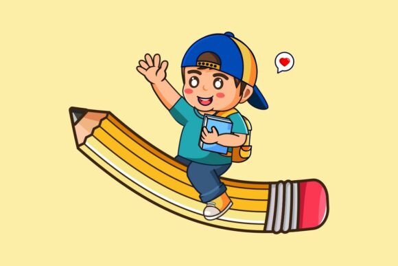 Happy Boy Student Riding on Pencil Graphics and Illustrations