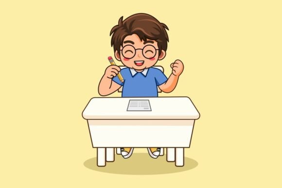 Happy Boy Student Studying at Desk with Graphics