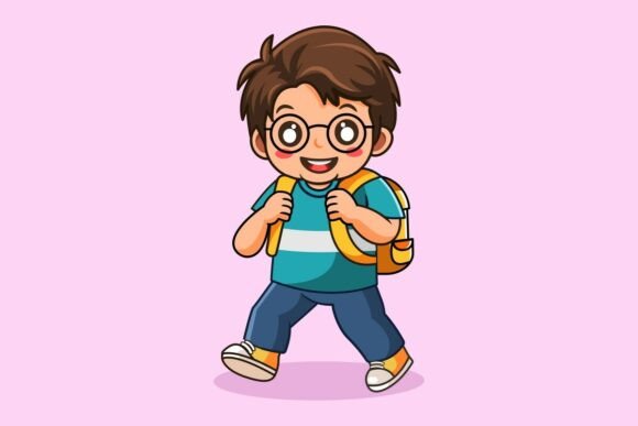 Happy Boy Walking Back to School with Ba Graphics