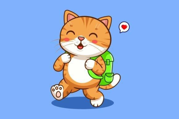 Happy Cat Student Walking with Backpack Graphics
