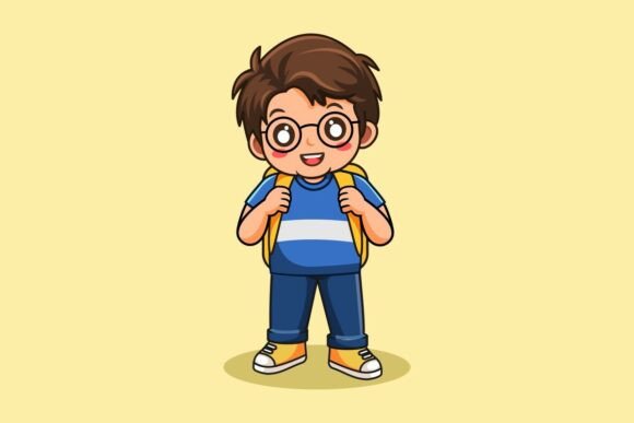Happy School Boy Standing with Backpack Graphics and Illustrations