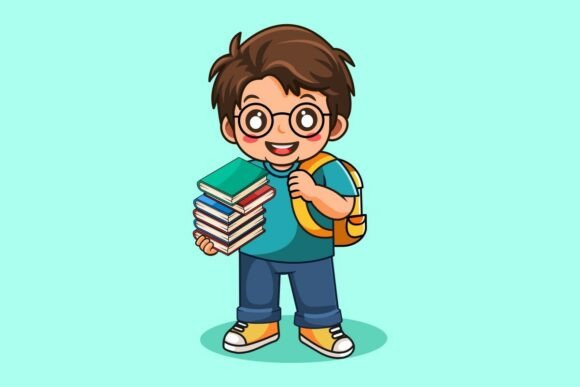 Happy School Boy with Books and Backpack Graphics