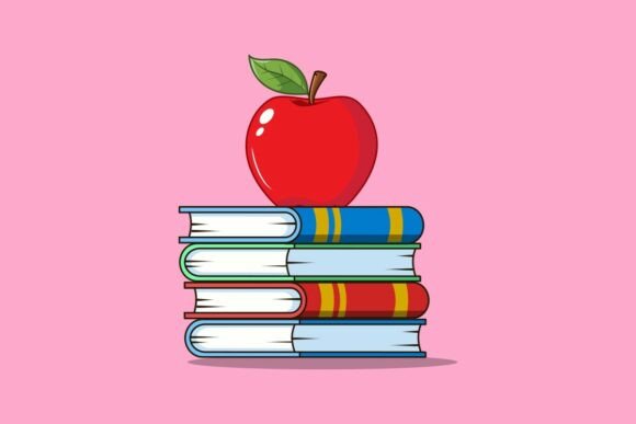 Red Apple on Book Stack Graphics and Illustrations