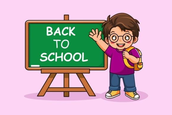 School Boy Waving Hand on Chalk Board Graphics