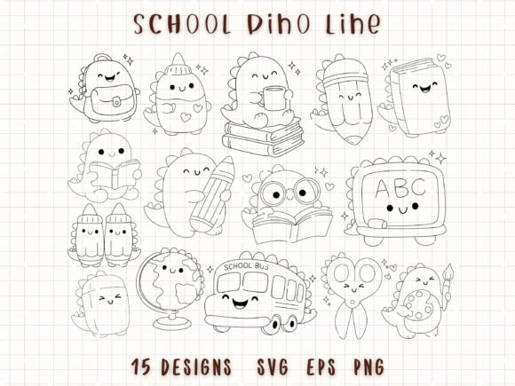 School Dino Line SVG Dinosaur Outline Graphics