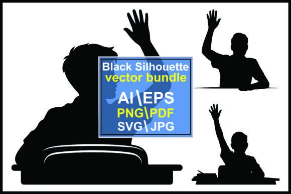 Silhouette Students Raising Hands at Des: Graphics and Illustrations