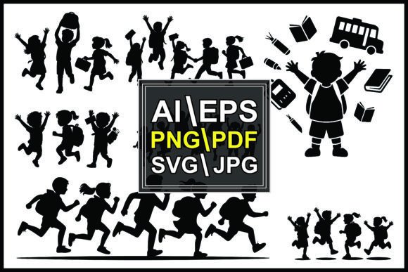 Silhouettes of Children Running Backpack: Graphics and Illustrations for Digital Sellers