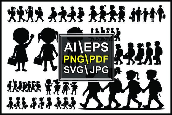 Silhouettes of Children Walking Backpack: Graphics & Illustrations